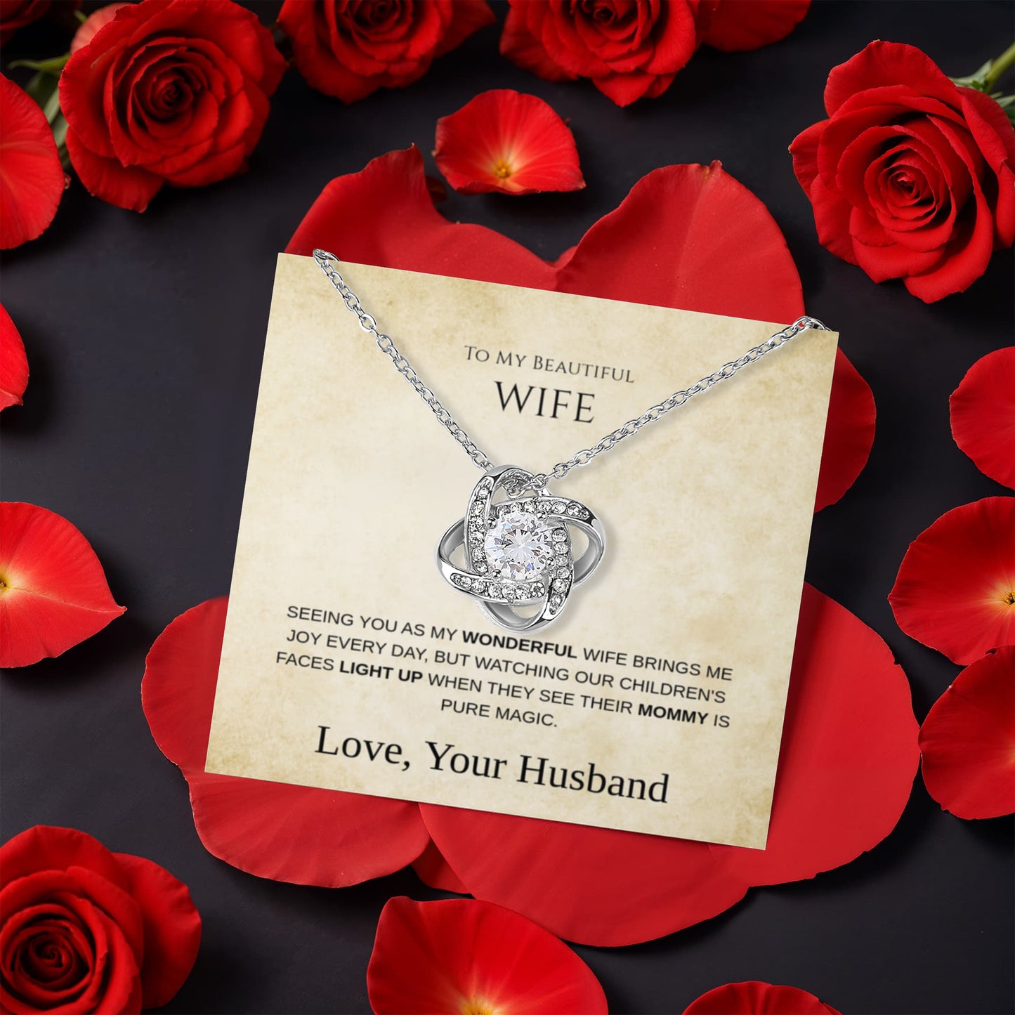 To My Beautiful Wife, Our Children's Faces light Up - Love Knot with Rotating Rose Gift Box