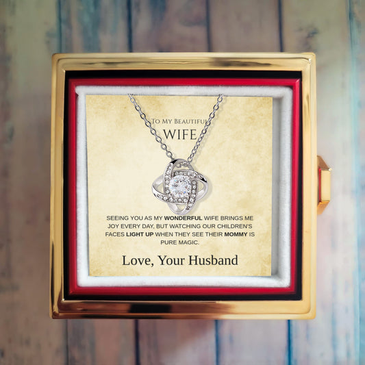 To My Beautiful Wife, Our Children's Faces light Up - Love Knot with Rotating Rose Gift Box